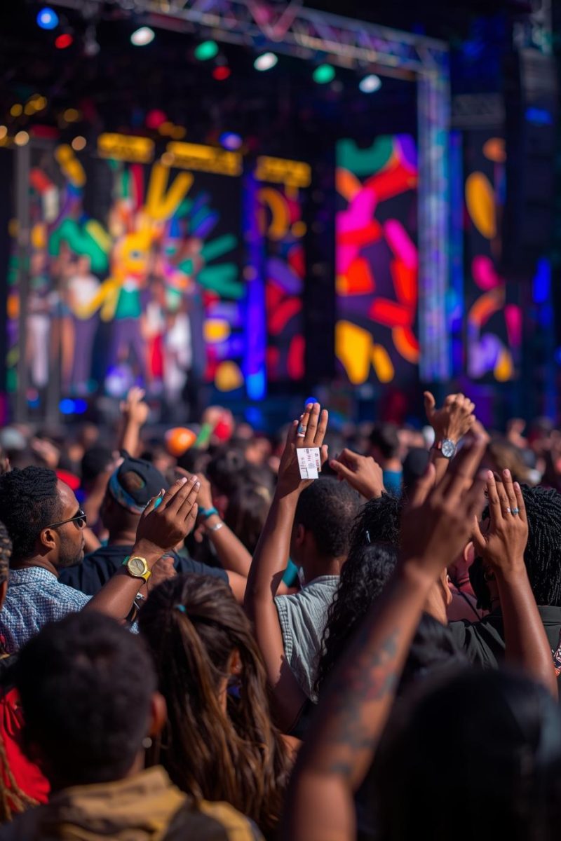 A stage view from the public only black people at a festival with few hands up. Some of them holding ticket or drink A stage view from the public only black people at a festival with few hands up. Some of them holding ticket or drink