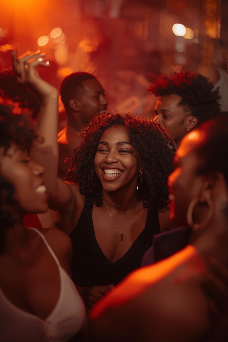 black women and men partying together in a club. warming orange vibes black women and men partying together in a club. warming orange vibes