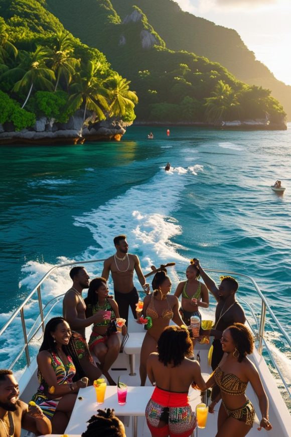 boat party with black people in the caribbean, in the back a tropical island view, noon vibe, various drink boat party with black people in the caribbean, in the back a tropical island view, noon vibe, various drink